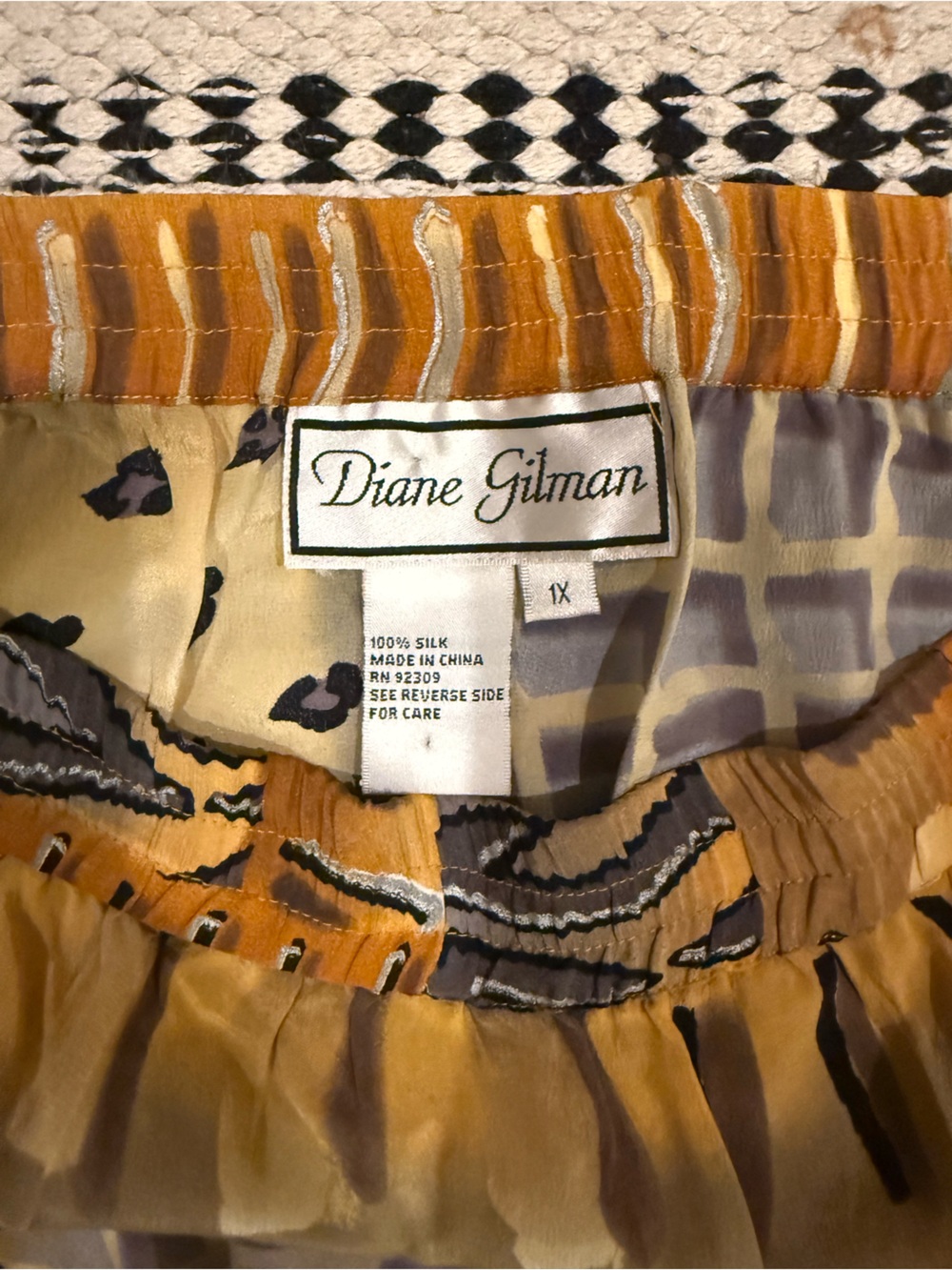 Diane Gilman Silk Maxi Skirt in Mustard, Cream & Gray Print